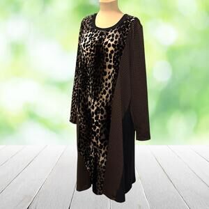 ALEMBIKA Midi Dress Leopard Velvet Houndstooth Knit Lagenlook Pockets Sz 5 14/16